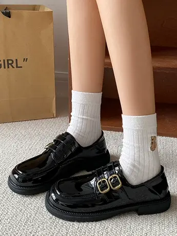 一脚蹬英伦风小皮鞋女2024年春季厚底复古圆头单鞋黑色平底乐福鞋商品大图