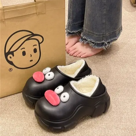 可爱香肠嘴棉拖鞋女士外穿冬季加绒保暖室内防水包跟厚底增高棉鞋商品大图