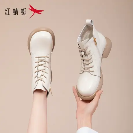 红蜻蜓白色马丁靴女加绒2023秋冬新款休闲百搭靴子真皮显脚小短靴商品大图