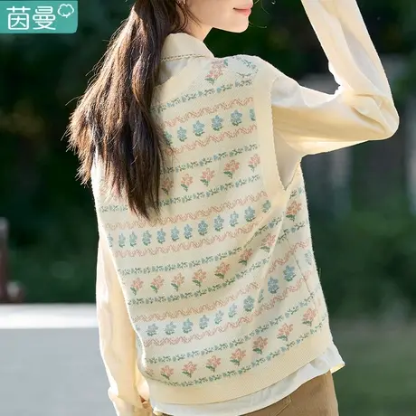 茵曼官方旗舰店女装2023春装新款原创复古条纹图案套头毛衣马甲图片