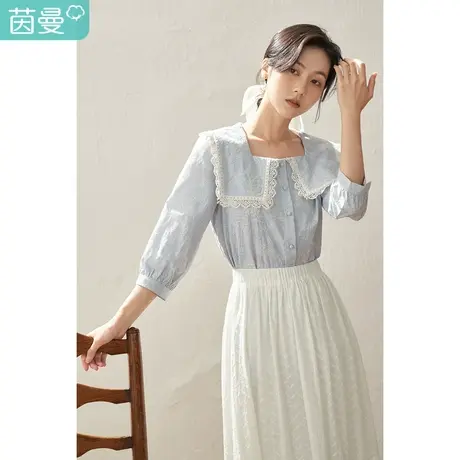 【商场同款】茵曼2023春女装新款文艺刺绣大翻领条纹长袖衬衫衬衣图片