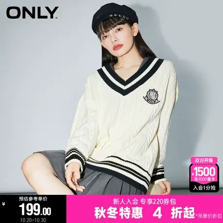 ONLY时尚潮流学院风撞色V领落肩袖宽松针织衫女商品大图