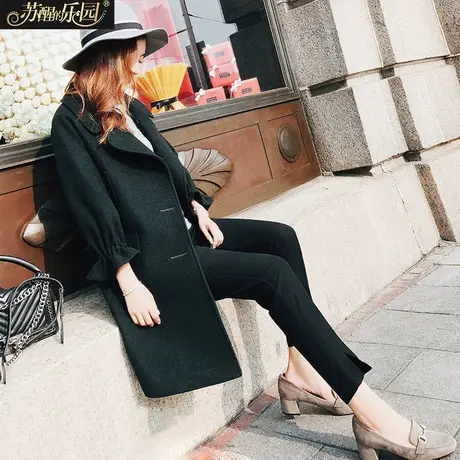 纯色呢子大衣中长款秋冬季新款时尚七分袖翻领毛呢妮子外套商品大图