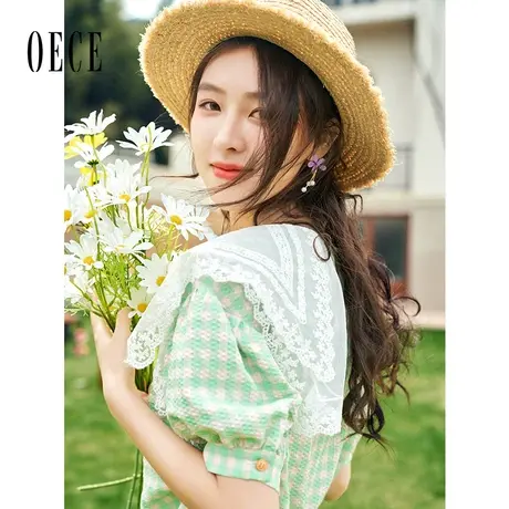 Oece韩系休闲上衣2023春夏新款女装复古格纹衬衫春设计感小众小衫商品大图