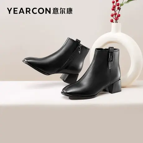 意尔康女靴2023新款秋季靴子女单靴粗跟中跟短筒真皮短靴羊皮时装商品大图