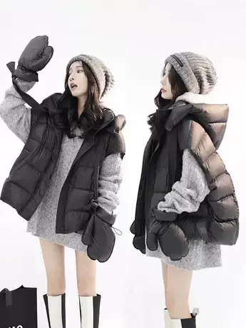 欧货连帽羽绒棉马甲女秋冬韩版时尚洋气百搭宽松马夹外套不带手套商品大图
