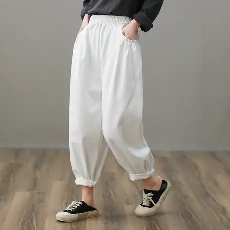 dza 高腰显瘦白色哈伦裤女士宽松阔腿裤春季休闲九分裤纯棉直筒裤商品大图