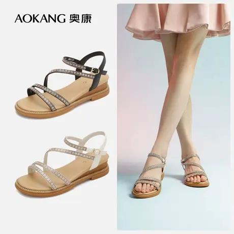 【门店发货】奥康女鞋 夏季新款透气时装凉鞋罗马风水钻坡跟舒适图片