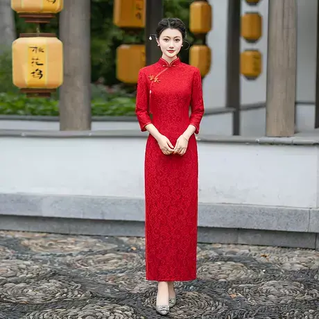 红色外嫁女回娘家回门装中长袖春秋加厚中式喜婆婆新年会拜年旗袍图片