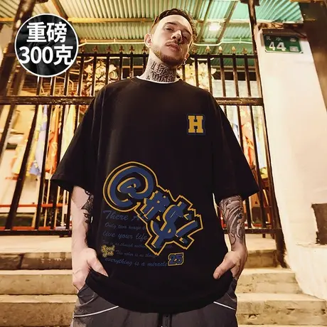hiphop国潮嘻哈T恤加肥加大码青少年短袖宽松潮牌胖子字母半袖男图片