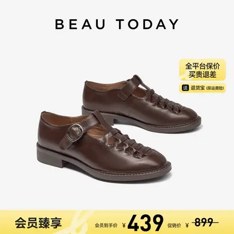 【清仓款】BeauToday粗跟玛丽珍鞋女款包头凉鞋女外穿棕色小皮鞋商品大图