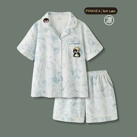 睡衣女款2025新款可爱企鹅夏季凉感纯棉短袖短裤女士家居服套装商品大图