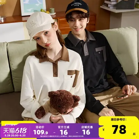 唐狮2025春秋季情侣长袖Polo衫男士撞色拼接有带翻领t恤女情侣装图片