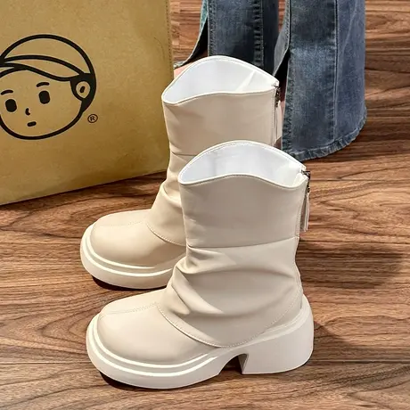 厚底粗跟短靴女马丁靴2023年秋冬新款韩版气质百搭高跟圆头奶油靴商品大图