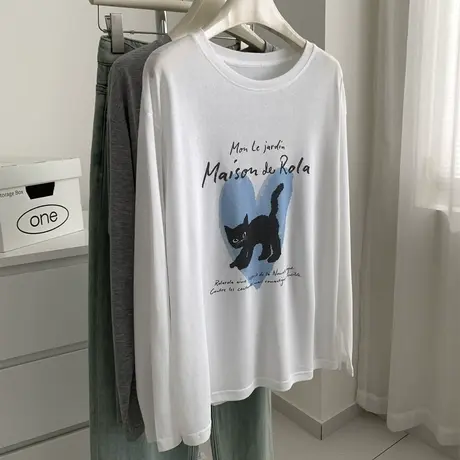 轻薄透气减龄韩版爱心小猫印花防晒罩衫女夏季松弛感长袖空调衫商品大图