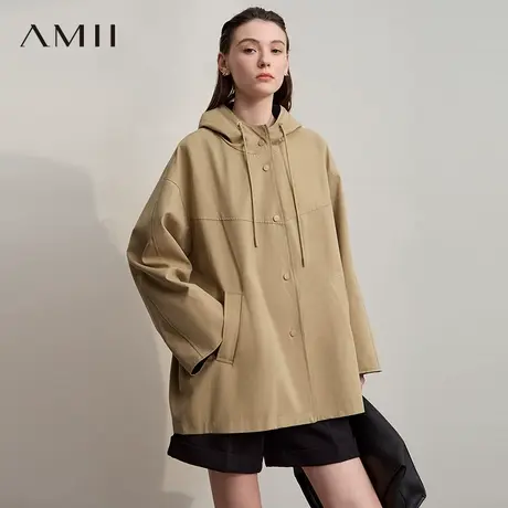 Amii【日系风】2025秋季简约休闲日系风连帽撞色中长款风衣外套女商品大图