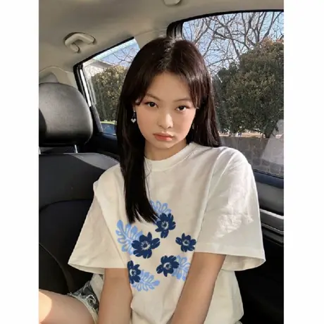 纯棉夏季美式潮牌短袖t恤女2025新款高级感宽松慵懒落肩半袖上衣商品大图