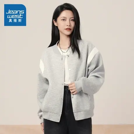 LE真维斯女装宽松棒球领休闲外套 2025秋季新品女式拼色简约开衫商品大图