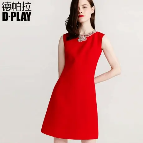 DPLAY德帕拉早秋欧美大红色镶钻领高腰无袖连衣裙敬酒礼服裙会裙商品大图