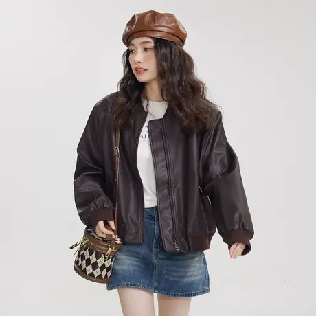 尔给古着设计感港风短款皮衣夹克女2023新款美式复古外套小个子商品大图