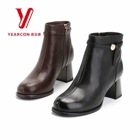 意尔康女靴2025新款秋季真皮短靴女粗跟时装靴子高跟短筒单靴软底图片