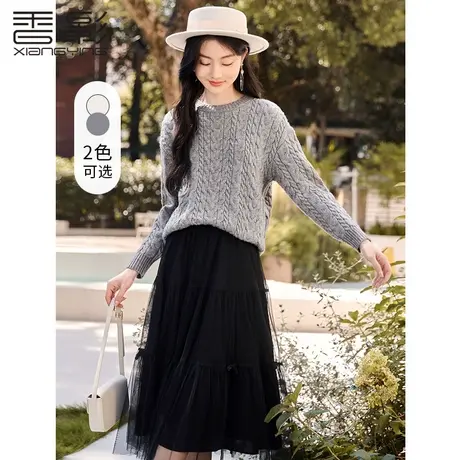 香影毛衣女2023秋冬季新款慵懒风上衣圆领宽松外穿套头麻花针织衫商品大图