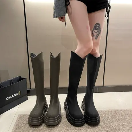 小个子V口长筒靴子女2023新款秋季黑色瘦瘦厚底高筒骑士复古长靴商品大图