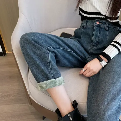 蓝色哈伦牛仔裤女秋冬2023年新款高腰显瘦宽松阔腿萝卜加绒老爹裤图片