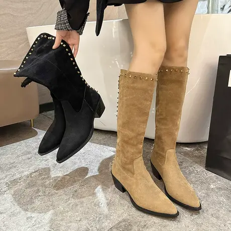 不过膝长筒靴女尖头粗跟2023年新款秋冬铆钉时装靴子法式气质女靴图片