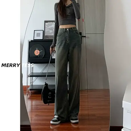 灰色直筒牛仔裤女夏2023年春秋新款设计感修身垂感复古怀旧阔腿裤图片