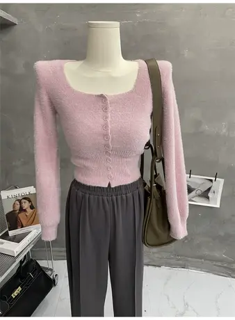 复古纯欲～毛毛方领针织衫长袖短款上衣女修身毛衣外套开衫秋冬商品大图