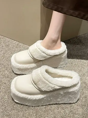 厚底松糕包头半拖鞋女外穿2023秋冬新款毛毛鞋坡跟时尚小个子棉拖商品大图