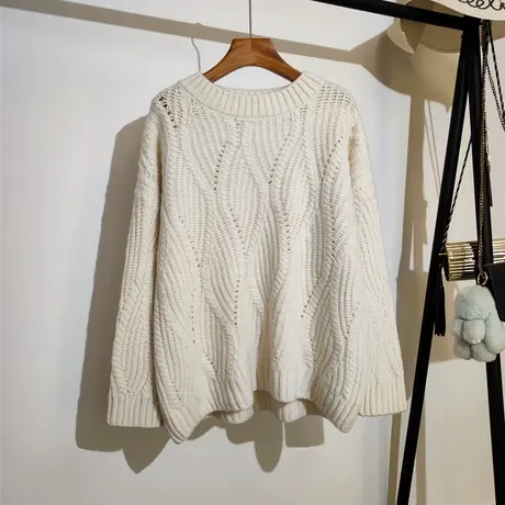 麻花毛衣女宽松圆领套头秋冬2023新款慵懒风粗线针织休闲上衣外穿商品大图