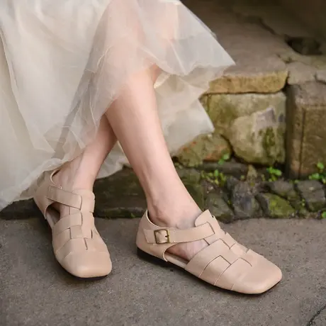 Artmu阿木原创真皮编织包头凉鞋女平底罗马猪笼鞋平底方头半凉鞋商品大图