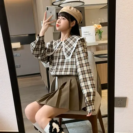 唐狮格子衬衫女春夏新款娃娃领长袖衬衫甜美学院风百搭衬衣女图片