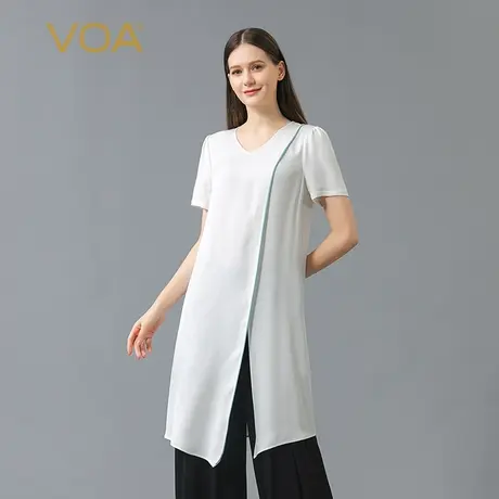 VOA40姆米真丝重磅白色鸡心领短袖明线装饰下摆开叉中长桑蚕丝T恤图片