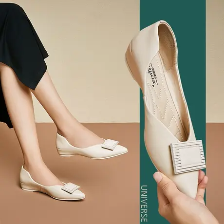 平底鞋新款平跟白色尖头浅口一脚蹬女鞋春秋款真皮单鞋女商品大图