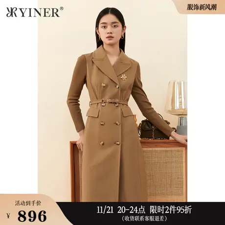 YINER音儿女装冬季含绵羊毛西装领双排扣连衣裙图片