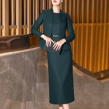 墨绿色职业毛呢套装女2023冬季新款时尚气质西装修身连衣裙两件套商品大图