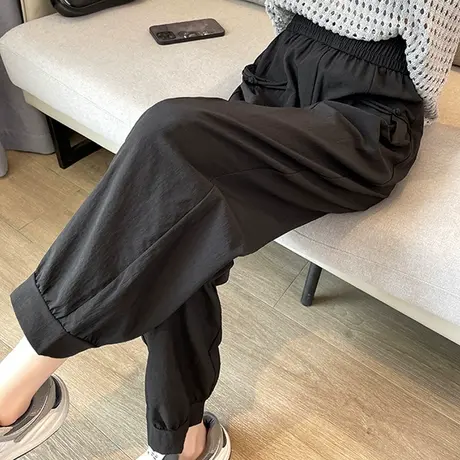 黑色九分直筒裤女夏季薄款休闲裤九分小个子冰丝萝卜裤哈伦灯笼裤商品大图