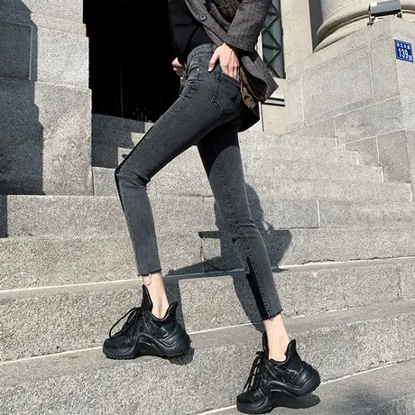 加绒牛仔裤女春秋季高腰显拼接九分裤潮瘦百搭裤子紧身铅笔小脚裤商品大图