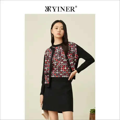 YINER音儿专柜女装2022春季新款时尚艺术图案针织开衫商品大图