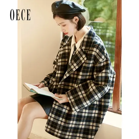 Oece高级感格纹呢子大衣冬新款女装气质羊毛双面呢外套商品大图