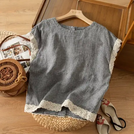 享永子格子亚麻背心女文艺复古宽松显瘦棉麻马夹上衣2023春夏新款图片