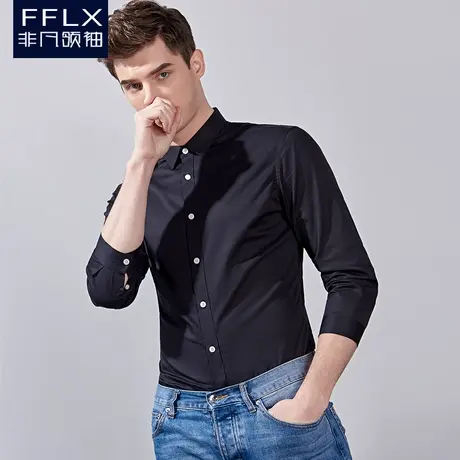 非凡领袖新款黑色中袖衬衫男免烫修身商务休闲衬衣寸九分袖潮流衫图片