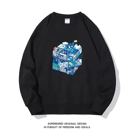 圆领卫衣男女秋冬款2023新款趣味卡通魔方印花宽松情侣装套头上衣图片