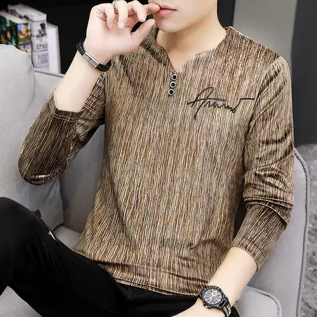 春季男士长袖t恤潮流ins秋装金丝绒上衣服潮牌男装百搭韩版打底衫商品大图