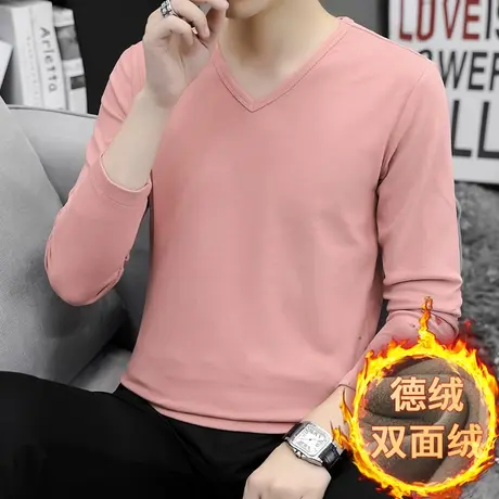 德绒长袖t恤男V领潮流双面绒秋冬季保暖秋衣内搭打底衫秋季上衣服图片