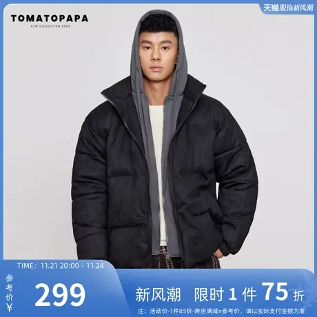 TOMATOPAPA冬季假两件柔软皮绒棉服时尚拉链开衫外套保暖棉衣潮流商品大图