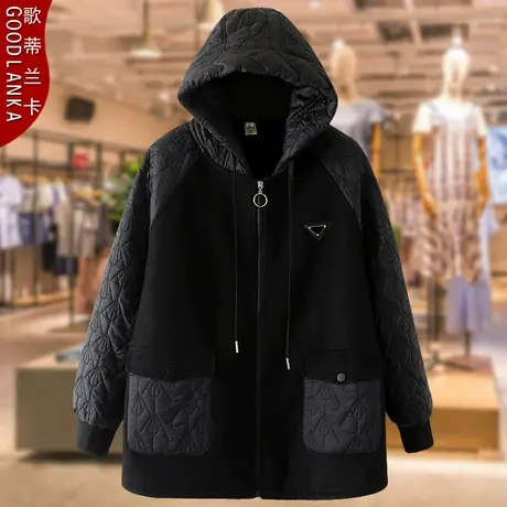 中年妈妈秋冬毛呢拼接夹棉棉衣大码宽松洋气加绒加厚连帽棉服外套商品大图